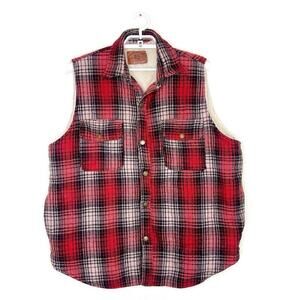 Vtg AMERICAN EAGLE Men's Red‎ Plaid Wool Sherpa Lined Vest Snap Button Sz L